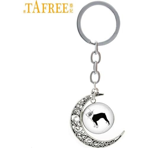 TAFREE Cute pet dog lover moon pendant keychain Boston Terrier dog vintage animal profile key chains lovely gifts jewelry T309