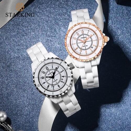 STARKING Brand Women Watches White Ceramic Quartz Watches Fashion Countdown Round Dial Ladies Quartz Watch Luxury Wristwatch