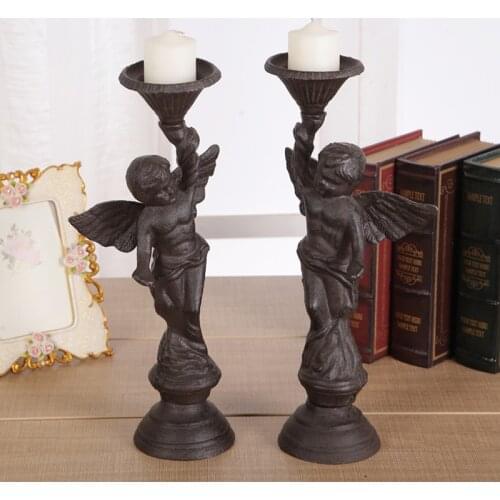European Accents Antique Rust Shabby Chic Vintage Style Angel Design Tabletop Cast Iron Pillar Candle Holder Pair