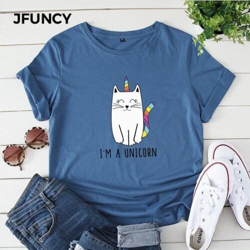 JFUNCY Plus Size Women Summer T Shirt Cute Unicorn Printed Cotton T-Shirt Woman Shirts Lady Loose Casual Tee Tops Female Tshirt