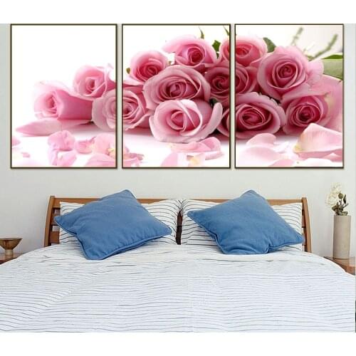 Flowers Painting 3 Panel Canvas Painting Wall Pictures for Living Room Decoration Maison Pink Rose Posters and Prints Home Decor