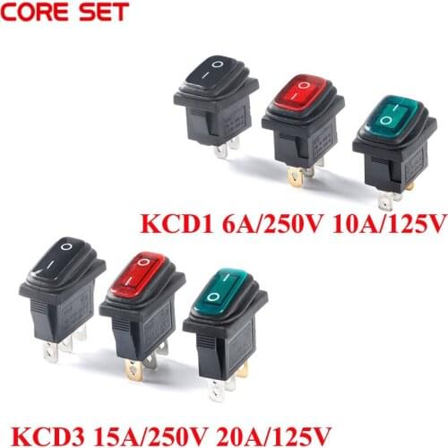 KCD1 KCD3 Rocker Switch Red Green Black With LED Light 2Pin 3Pin 2 Gears On Off Waterproof Dustproof 10A 20A Switch Power Button