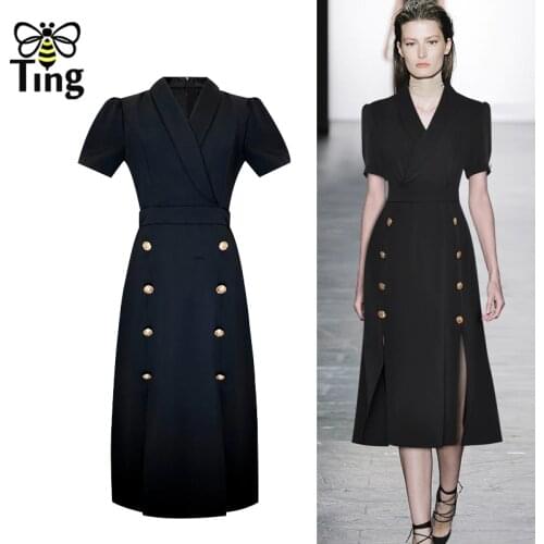 Tingfly Runway Vogue Classic Black Dress Vintage Office Style Lady Work Dress with Button Decor Summer Split Dresses Robes Traf
