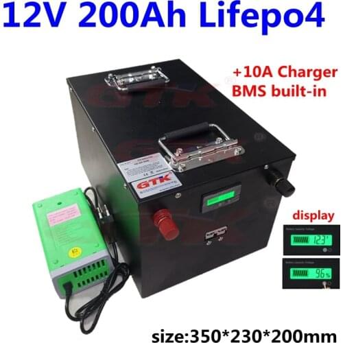 GTK 12V 200Ah Lifepo4 lithium battery pack 12V 200Ah With bms for Electric boat RV solar energy storage +10A charger