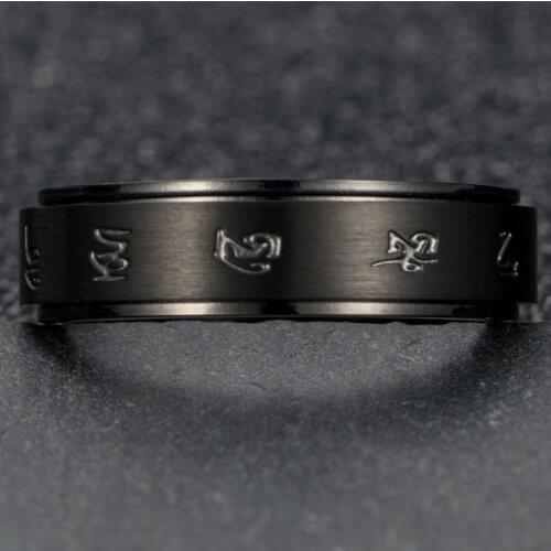 Black God Of Wealth Mens Stainless Steel Tibetan Buddhist Black Mantra Spinner Lucky 6MM Religious Turning Ring