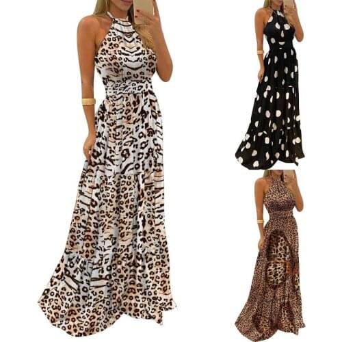 2021 New Summer Dress Woman Girls Sleeveless Backless Strap Polka Dot Leopard Print Maxi Dresses Beachwear Women Clothes