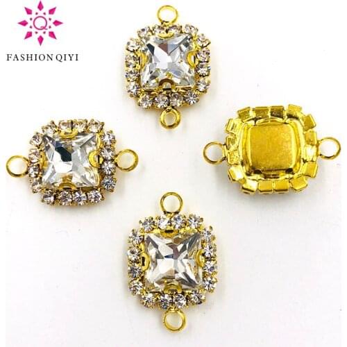 NEW 8mm Double loop sew on rhinestones Clear white glass crystal square shape gold base Crystal button DIY necklace accessories