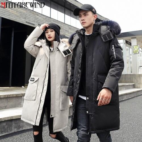 -30 Degree Couple Winter White Duck Down Jacket Long Keep Warm Thicken Coat Fashion Hooded Fur Collar Windbreaker Down Parkas