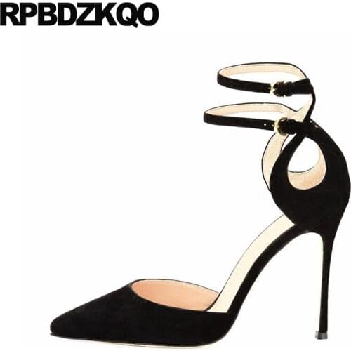 High Heels Quality Designer Shoes Size 33 Pumps Ultra Runway Women Scarpin Suede 3 Inch Extreme Super Pointed Toe Ankle Strap