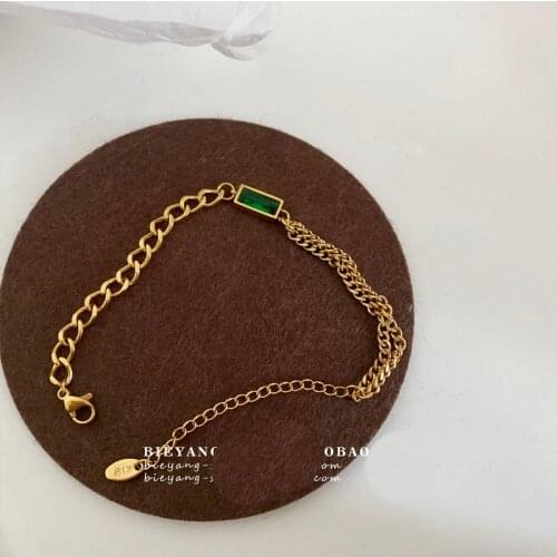 Green Crystal Stainless Steel Gold Bracelets Bangle For Women Hip Hop Thick Chain18 K Plated Punk Fashion Bracelets New 2021