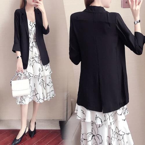 2020 New Style Summer Formal Women Jacket + Print Business Female Blazer Office Strap Dress 2 Piece Sets Suit Plus Size H157