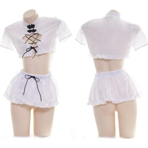 Chinese Style Sweet Girl Women Summer Cheongsam Sleepwear Sexy Pajamas 2pcs Set Hollow out Shirt & Mini Skirt Cute