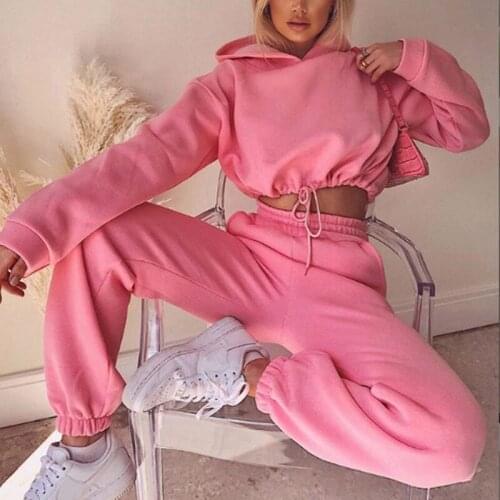 Ms Autumn Sping Two Piece Set Candy Color Women Hoodie Fleece Sweatshirt Crop Top & Pants Set Tracksuit Sport Jogging Suit