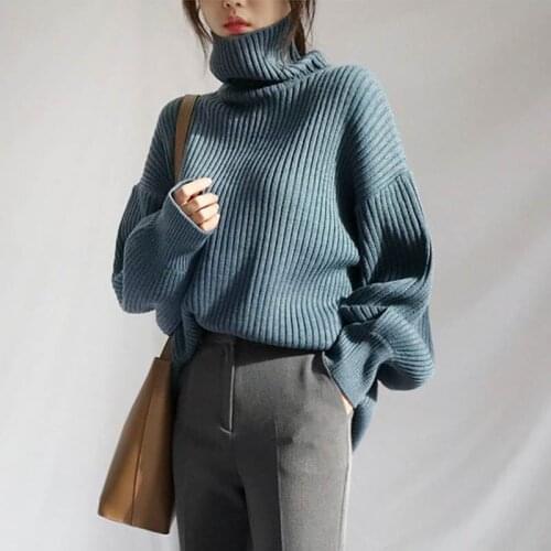 Pull femme hiver turtleneck sweater women Knitted Lantern Sleeve stripe pullover Europe style lady Thick sweaters Korean clothes