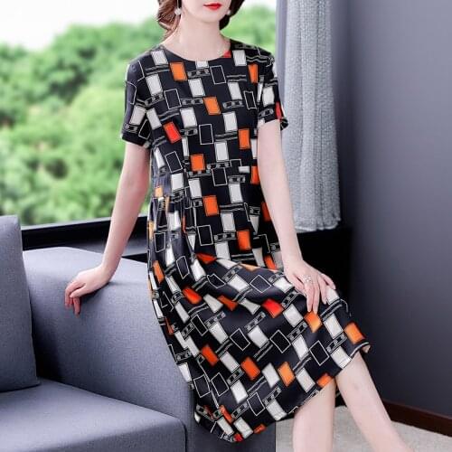 Summer Casual Print Mulberry Silk Satin Midi Dress Women Elegant Bodycon Party Vestidos 2021 Vintage 4XL Plus Size Loose Dresses