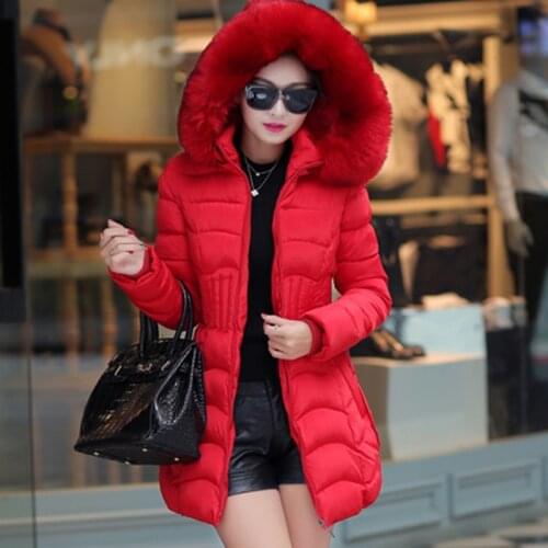 Winter Long Women Coats Parkas Slim Pleated Green Red Black Female Coat Outwear Fashion Big Fur Collar Hooded Cotton Jackets