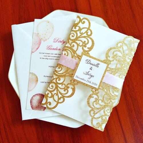 50X Gold Wedding Invitation Cards with Pink Ribbon and Tag DIY Glitter Laser Cut Invites For Princess Birthday Party Quinceanera