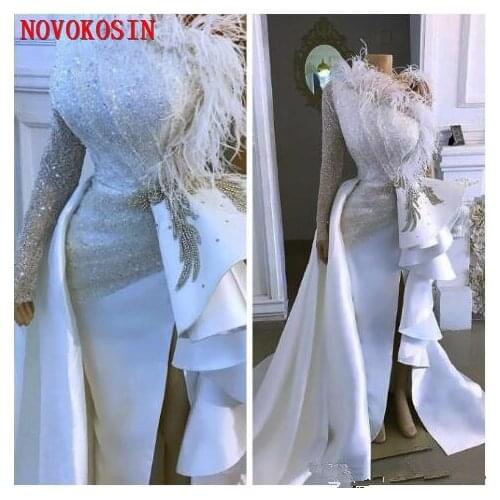 2020 Arabic Sparkly Sexy Evening Dresses One Shoulder Sequin Crystals Ostrich Feather Prom Dresses Mermaid Formal Party Gown