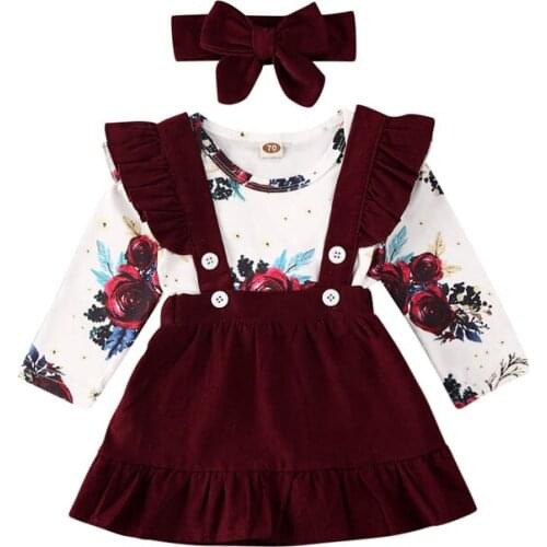 Pudcoco US Stock 0-24M 3PCS Clothes Newborn Baby Girl Baby Girl Print Floral Bodysuit Srtap Skirts Headband Girl Autumn Outfits