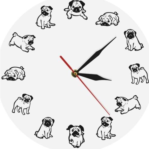 Funny Pug Dog Silhouette Modern Print Wall Clock Cartoon Puppy Design Humor Clock Watch Wall Art Vet Office Veterinarian Decor
