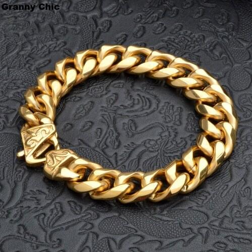 Granny Chic New Arrive Hot Mens Gold Tone Stainless Steel Curb Link Chain Bracelet 15mm8.66"