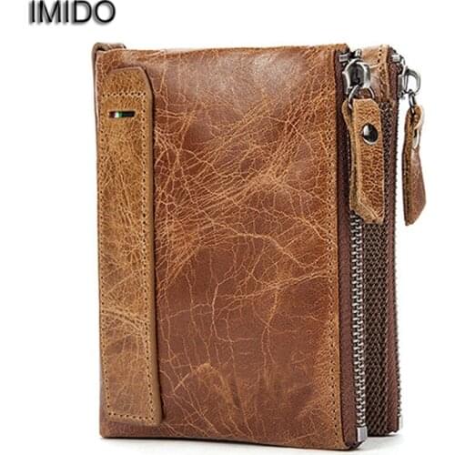 IMIDO Men Short Wallet Genuine Leather Male Hasp Purse Card Holder Zipper Wallets with Coin Bag Clutch Black Leather Brown WT027