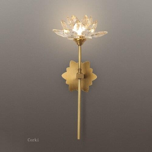 Chinese Zen Crystal Wall Lamp Copper Lotus Flower Wall Light Vintage Led Wall Lamps Living Room Bedroom bedside lamp Luminaire