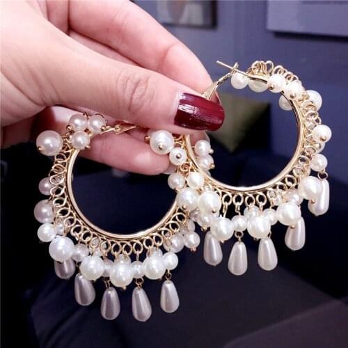 Korean Big Round Imitation Pearl Vintage Dangling Earrings Women Fashion Accessories Trends 2021 Style Jewelery Novelties