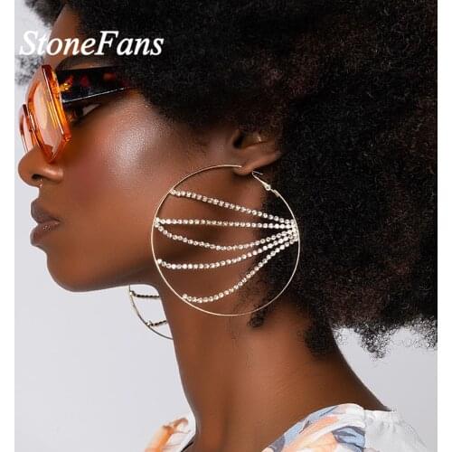 Simple Jewelry Big Round Large Hoop Earrings Wholesale for Women Fashion Hoops Big Circle Statement Earrings Rhinestone Chain