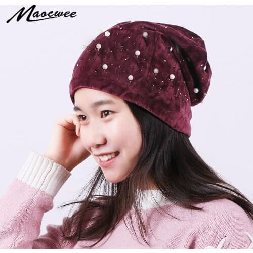 Winter Autumn Pearl Beanie Hat For Women Men Knitted Biggy Crochet Slouch Bonnet Hat Female Elastic Solid Color Beanies Ski Cap