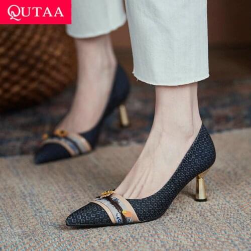 QUTAA 2021 Women Pumps Fabrics Spring Summer Thin High Heels Flower Pointed Toe Basic Slip On Female Shoes Size 34-40