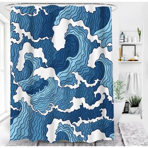Wave Shower Curtains Waterproof Fabric Geometric Sea Wave Bath Curtains For Bathroom Bathtub Large Wide Bathing Cover 12 Hooks