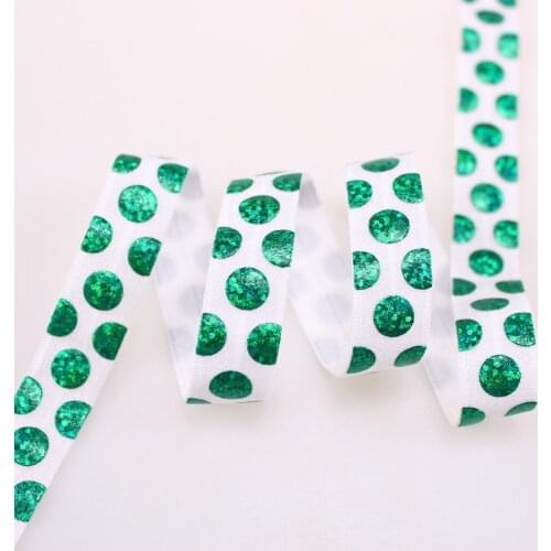 Green hologram foil polka dots 5/8" laser foil Fold over elastic ribbon 50 Yards per color