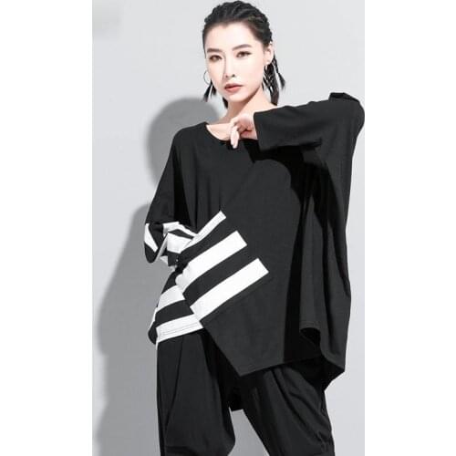 Women Black Striped Split Joint Big Size T-shirt New Round Neck Long Sleeve Fashion Tide Spring Autumn 2021