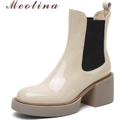 Meotina Women Cow Patent Leather Ankle Boots Round Toe Concise Shoes Platform Thick High Heel Boots Autumn Winter Apricot 34-40