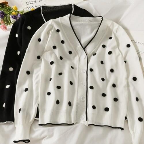 French Retro Polka Dot Single Breasted Cardigan Womens 2021 Autumn Fashion V-neck Knitted Long Sleeve Crop Top Streetwear