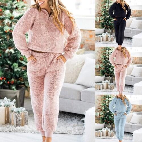 Women Pajamas Set Winter Warm Fleece Pajamas Homewear Zipper Female Sleepwear Solid Turtleneck Plush Pyjamas Suit Sweatshirt
