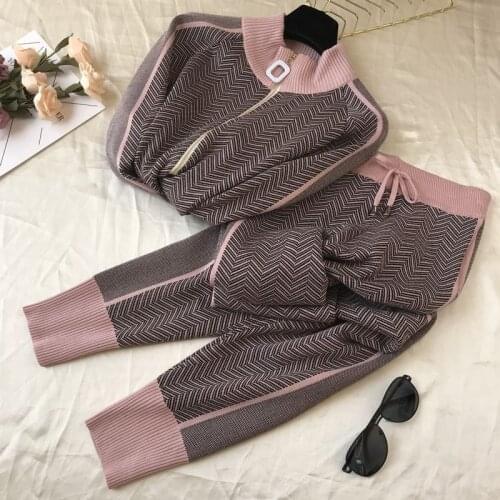 2019 Women Shiny sweater suit and sets Casual Striped Knit Sweaters Pants 2 Piece Set Casual Knitted Trousers+ Cardigan Tops
