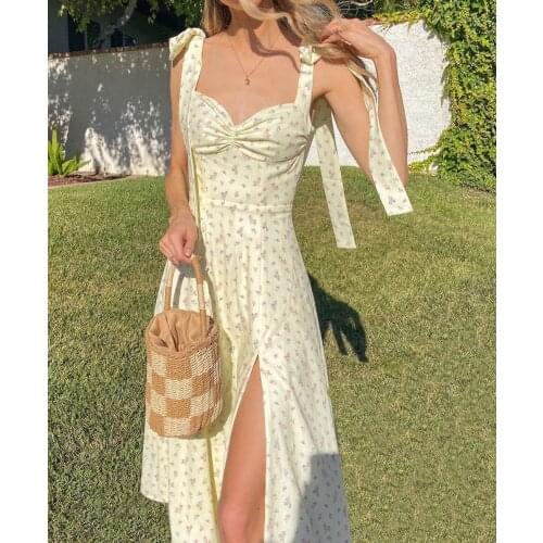 Women midi dress Floral Print Summer Sleeveless Dress long dresses for women party wedding split Lace up Bow Dress Prairie Chic