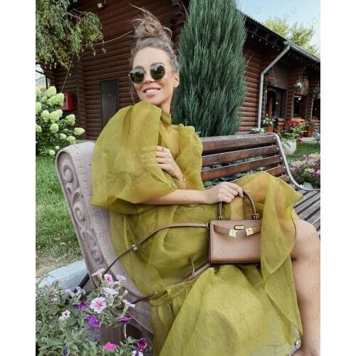 Lo&Li 2021 Summer Chic Mustard Green Lantern Sleeve Women Dress See Through Loose Streetwear Street Shot Half High Collar