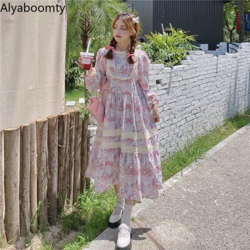 2021 Autumn Women Prairie Chic Midi Dress Ruffled Collar Floral Printed Hollow Out Sweet Dress Mori Girl Elegant Ruffles Dress