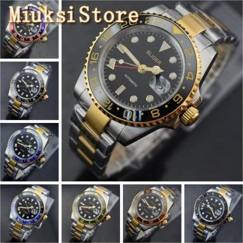 BLIGER 40mm Silver Gradually Gold Case Sapphire Glass Ceramic Bezel Luminous Stainless Steel Waterproof Mens GMT Automatic Watch