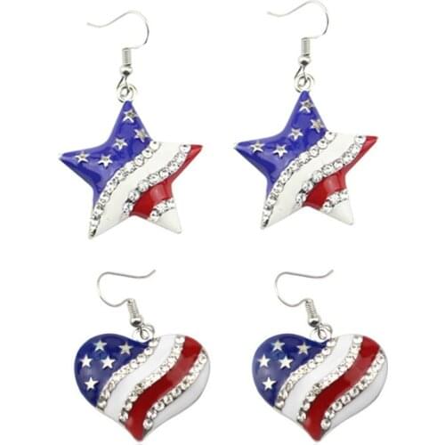 BLUELANS Chic American Flag Heart Star Shaped Rhinestone Ear Hook Earrings Women Jewelry Valentines Day present сережкм