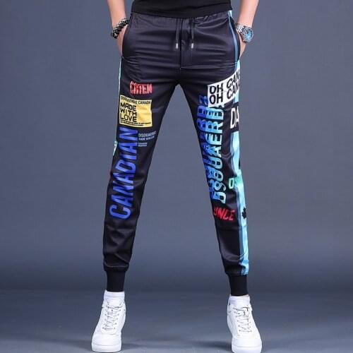 Fashion Printed Pants Men Handsome Joggers 2021 Summer Casual Streetwear Black Drawstring Trousers
