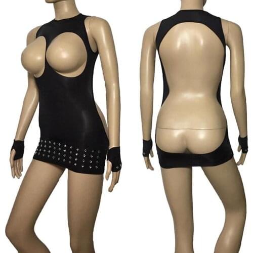 Black Cupless Backless Rhinestone Bodycon Mini Dress with Gloves Open Butt Open Bust Fetish Sexy Lingerie Set