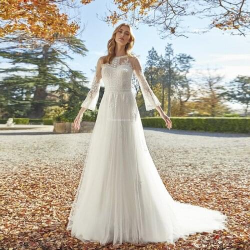 Glam 3/4 Flare Sleeve Lace Tulle Wedding Dress 2021 Bohemian Beach Boho Bridal Gowns Court Train Vestido De Noiva