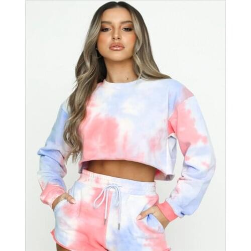 2 PCS Tie-Dye Print Yoga Sets Leisure Sports Suit Long Sleeve Top High Waist Lace Seamless Shorts Fitness Gym Running Sportwear