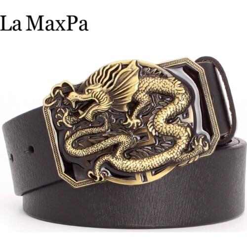 Fashion belt dragon buckle cowskin leather belt golden Chinese Dragon pattern metal buckle fly dragon belt for men