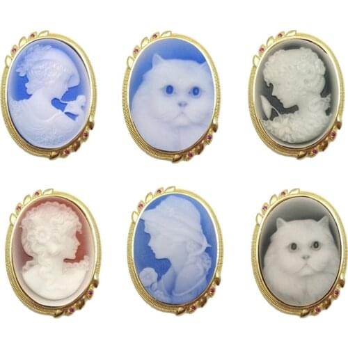 Natural Agates Cameo Vintage Long Cameo Necklace For Women Red Agates Beauty Lady Head Cameo Gold-Plated Brooch For DIY