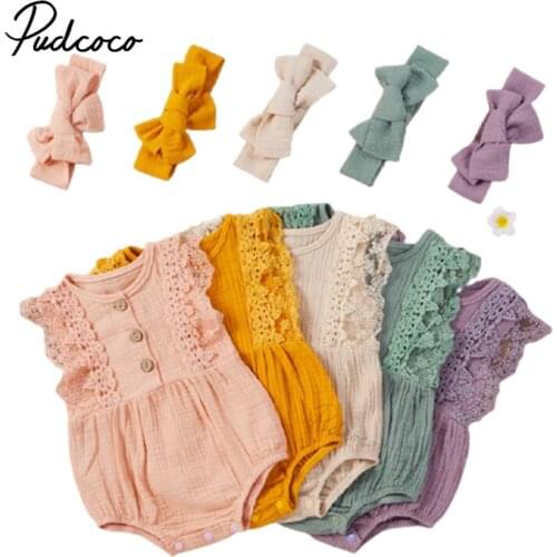 Newborn Baby Girls 2-piece Solid Cotton Outfit Set Sleeveless Lace Romper+Headband Set for Kids Girls Summer